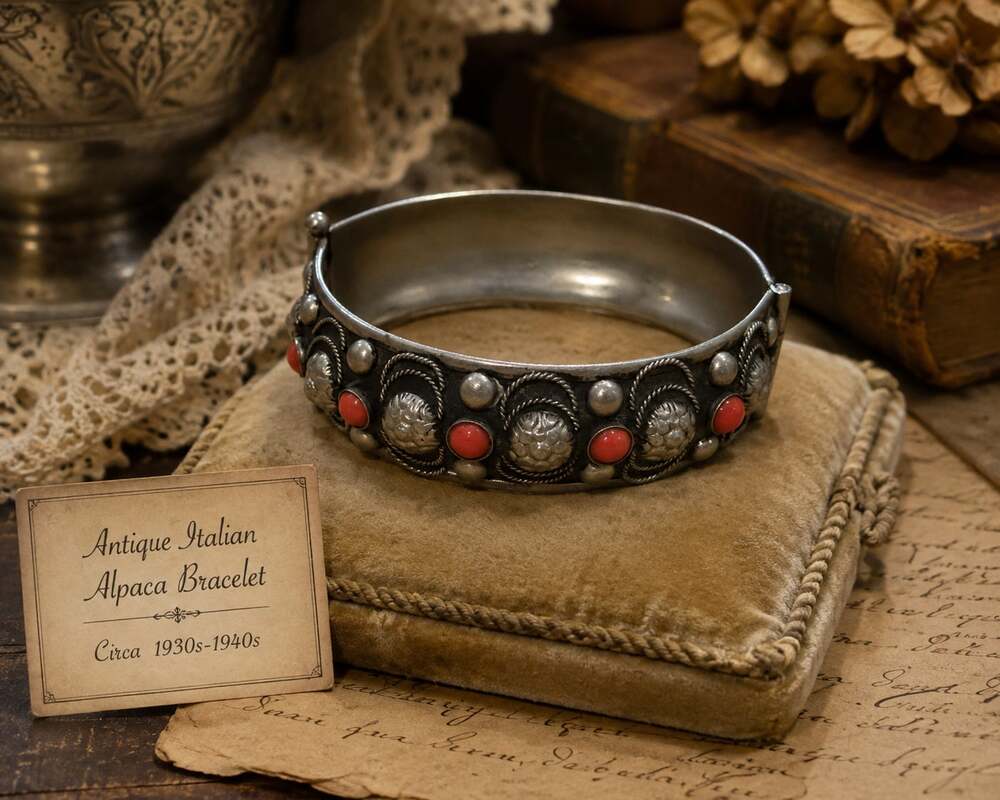 Antique Italian Alpaca Silver Tone Hinged Bangle Bracelet